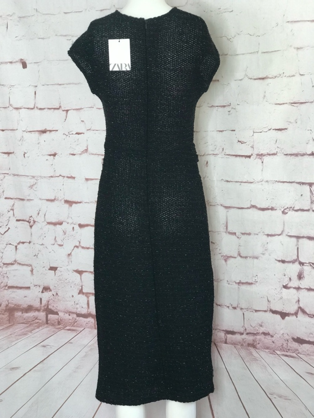 ZARA NWT Metallic Thread Midi Dress Size Small Black Knit Gold Blue Flecks NEW - Picture 15 of 16